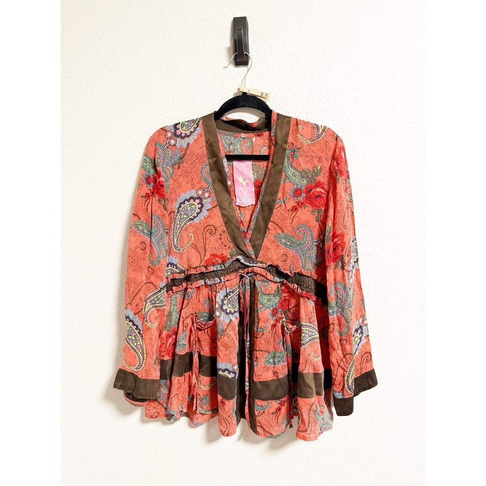 Johnny Was Womens Paisley Floral Peplum Tunic Blouse Boho Long Sleeve Coral Sz L